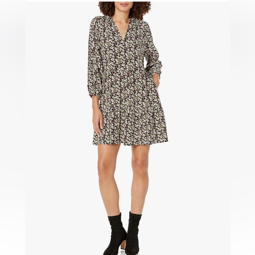 The Drop x Caralyn Mirand Ruffle Neck Tiered Mini Dress Black & Floral Print